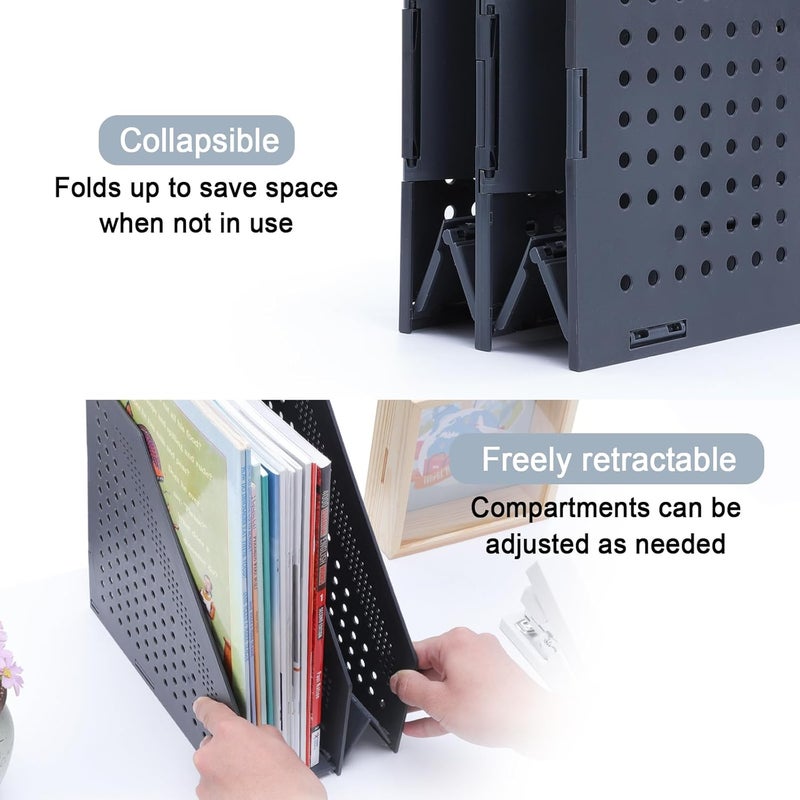 FRETONBA Collapsible Magazine File Holder with 2 Vertical Compartments Foldable Binder Holder for Desk Binder Storage Organizer Plastic Magazine Holders for Shelf, Dark Gray - Image 4